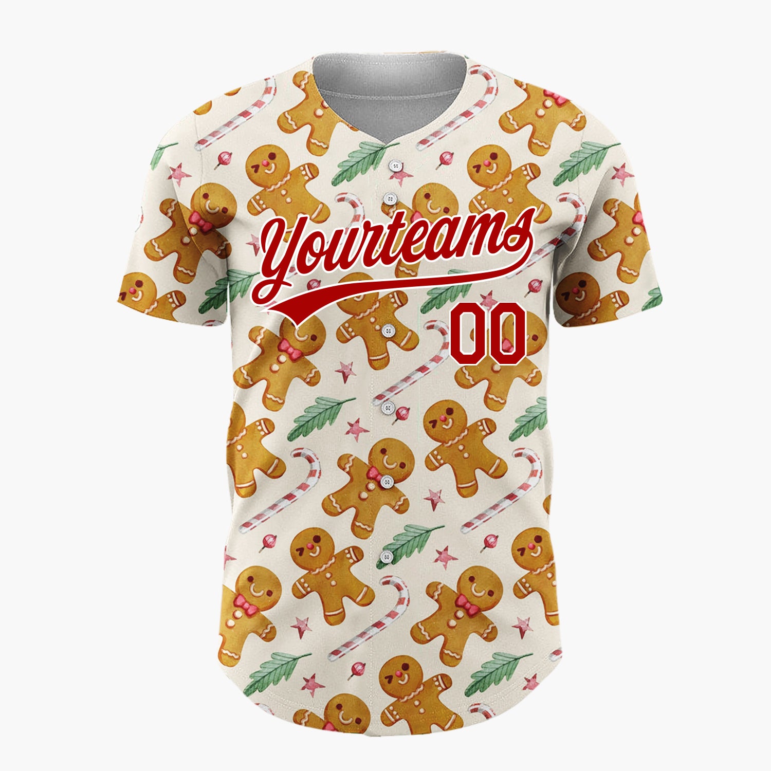 Custom Beige Brown Gingerbread Men And Candy Canes Cute Holiday Pattern Christmas Baseball Jersey
