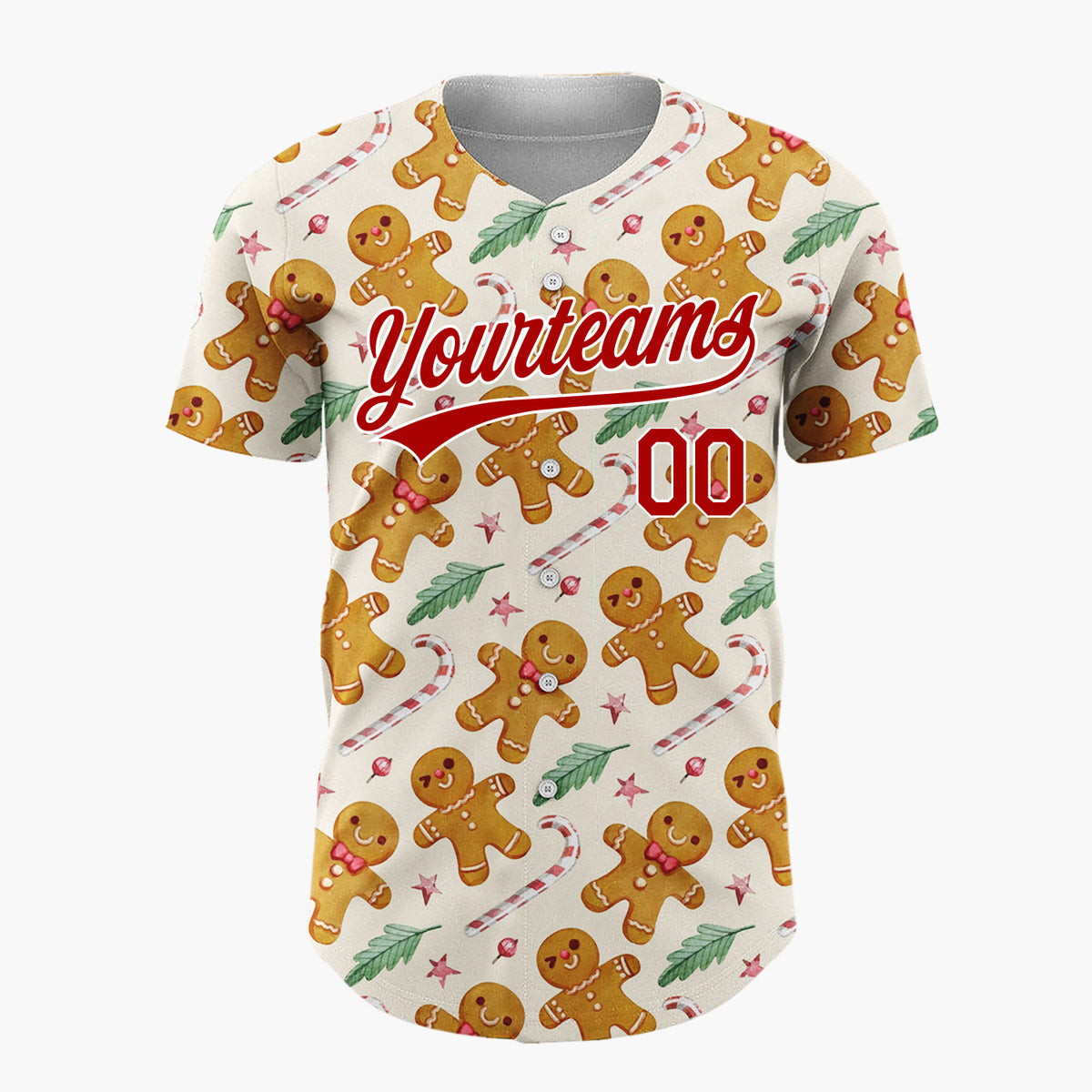 Custom Beige Brown Gingerbread Men And Candy Canes Cute Holiday Pattern Christmas Baseball Jersey