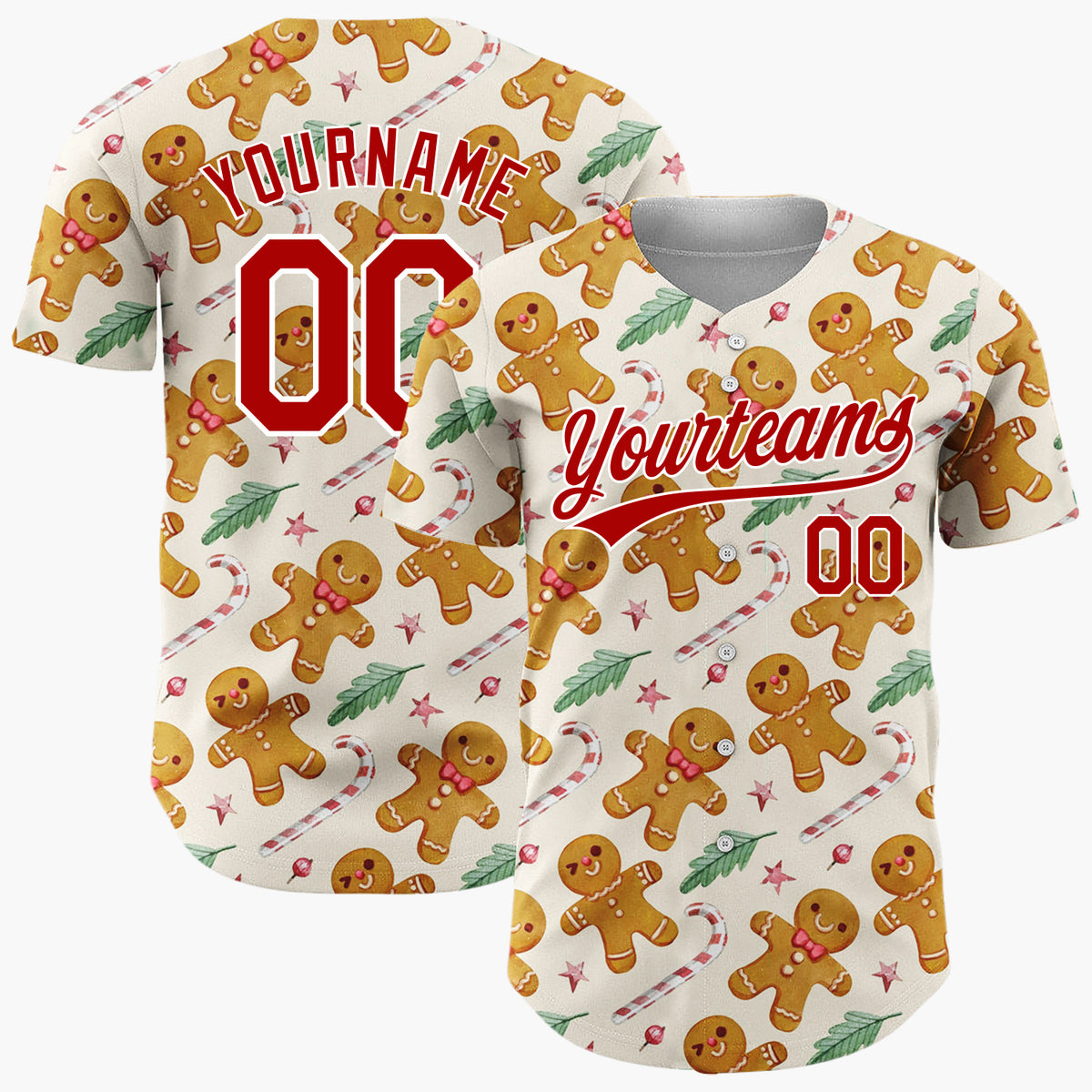 Custom Beige Brown Gingerbread Men And Candy Canes Cute Holiday Pattern Christmas Baseball Jersey