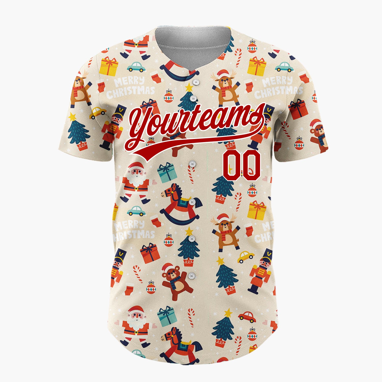 Custom Beige Red Santa Trees And Toys Merry Christmas Baseball Jersey