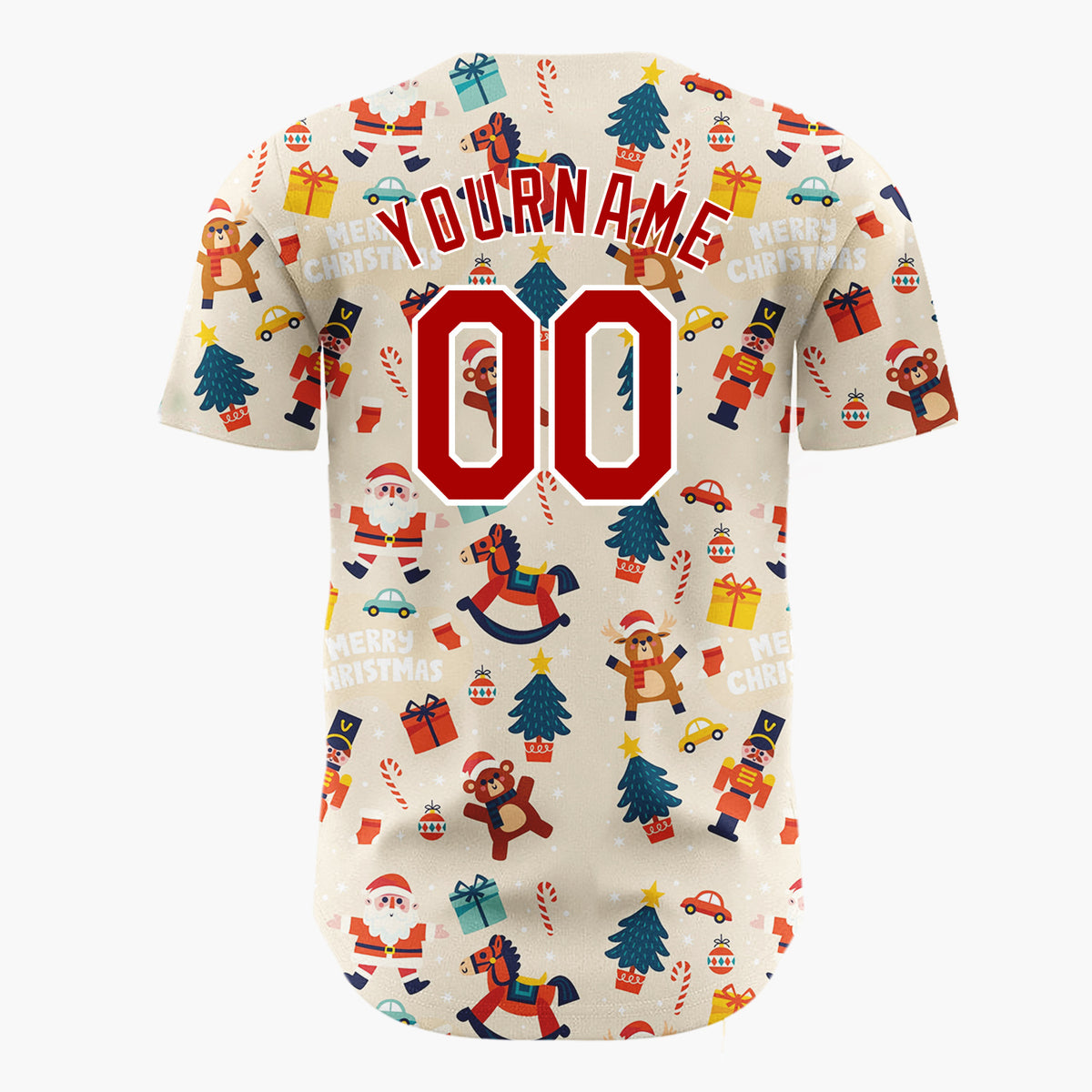 Custom Beige Red Santa Trees And Toys Merry Christmas Baseball Jersey