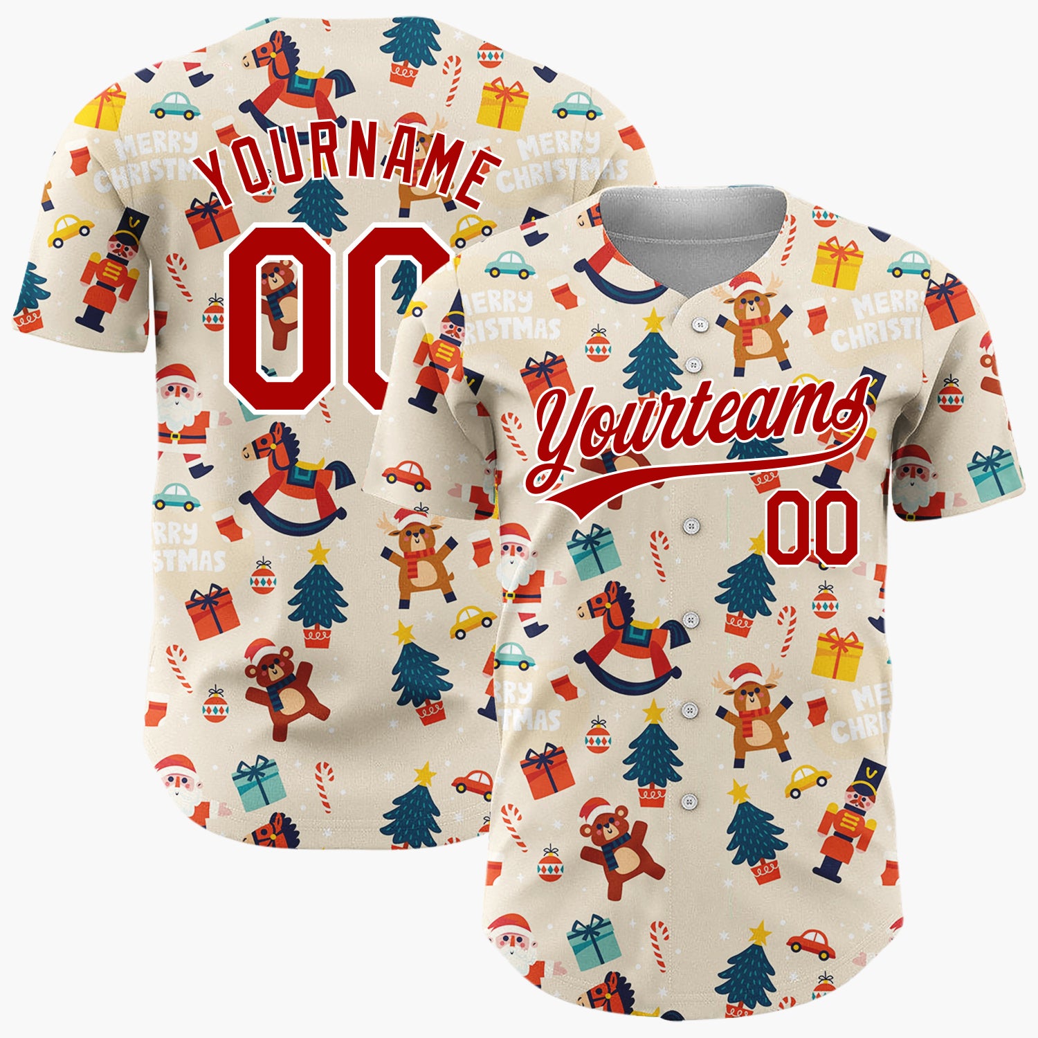 Custom Beige Red Santa Trees And Toys Merry Christmas Baseball Jersey
