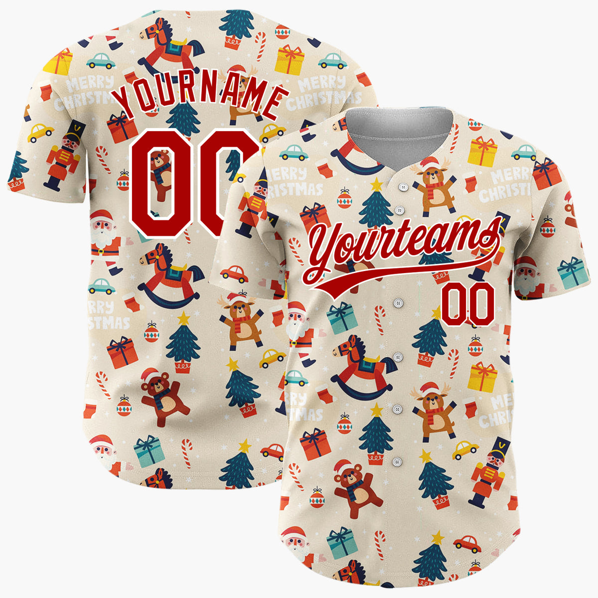 Custom Beige Red Santa Trees And Toys Merry Christmas Baseball Jersey