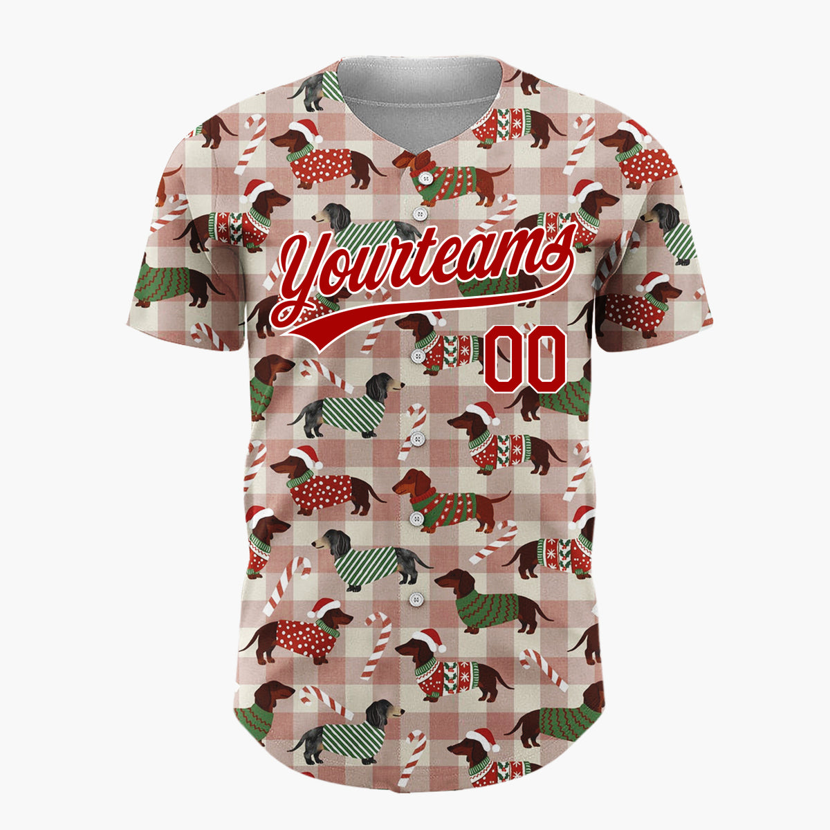 Custom Beige Plaid Christmas Dachshund Pattern With Candy Canes And Festive Sweaters Cartoon Pattern Christmas Baseball Jersey
