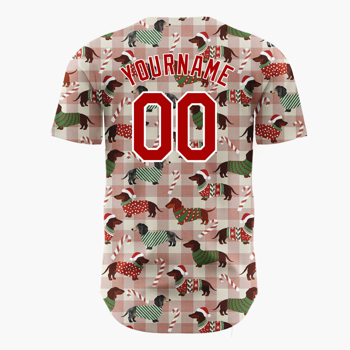 Custom Beige Plaid Christmas Dachshund Pattern With Candy Canes And Festive Sweaters Cartoon Pattern Christmas Baseball Jersey