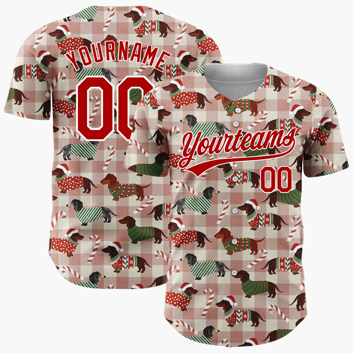 Custom Beige Plaid Christmas Dachshund Pattern With Candy Canes And Festive Sweaters Cartoon Pattern Christmas Baseball Jersey