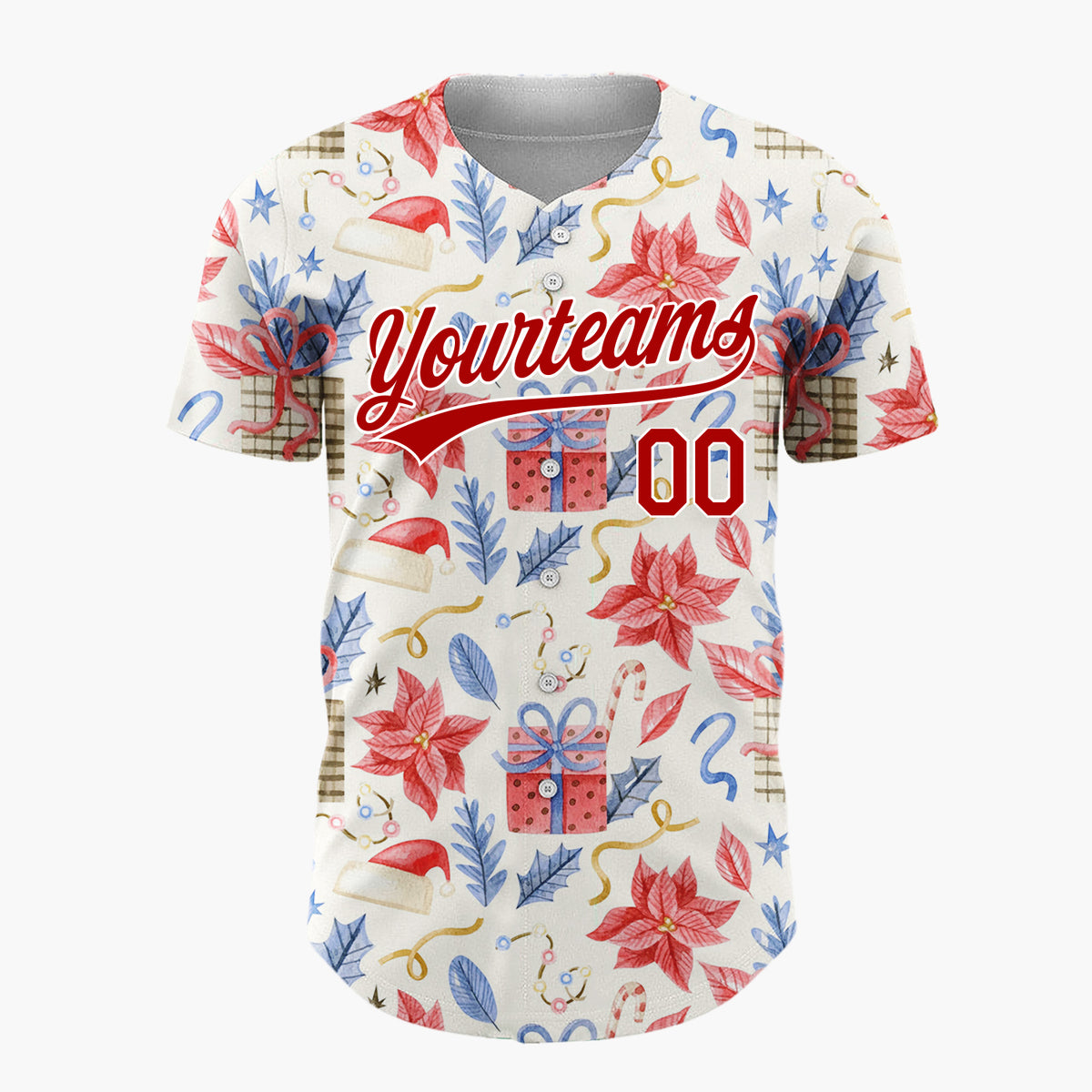 Custom Beige Red Blue Poinsettias Gifts And Hats Christmas Watercolor Pattern Christmas Baseball Jersey