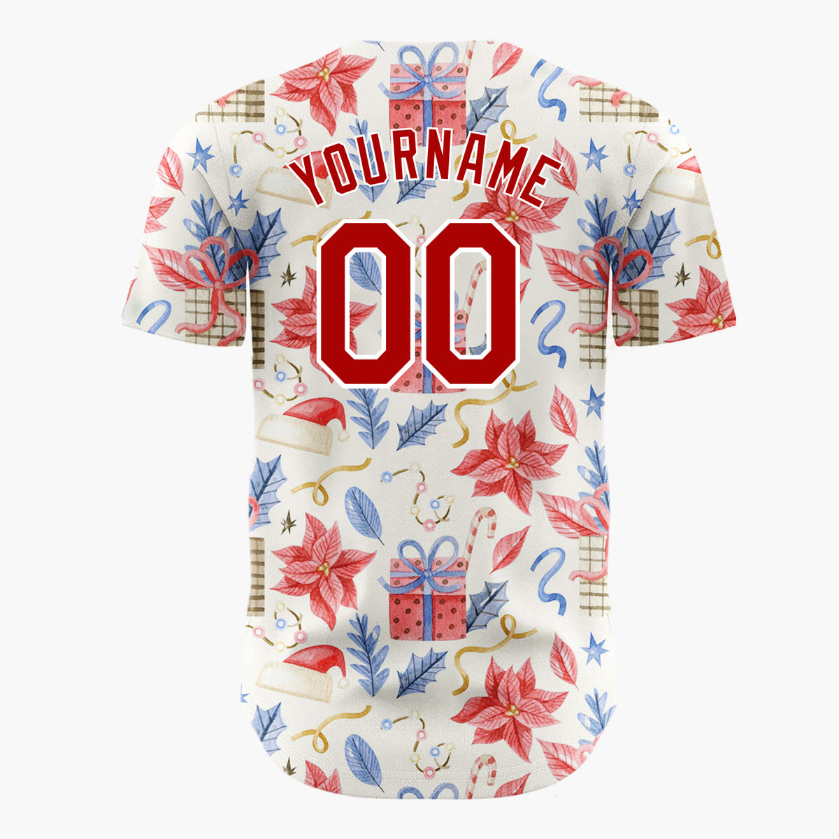 Custom Beige Red Blue Poinsettias Gifts And Hats Christmas Watercolor Pattern Christmas Baseball Jersey