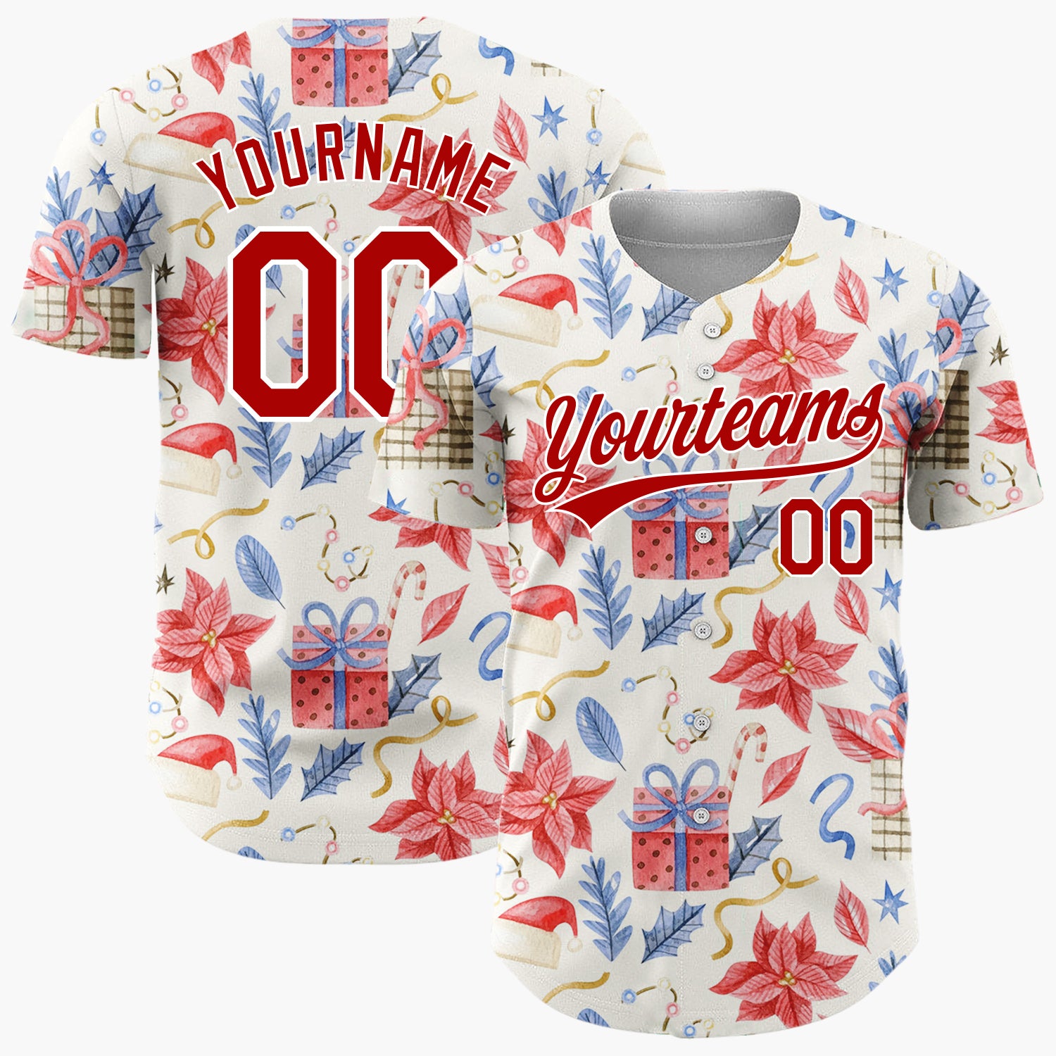 Custom Beige Red Blue Poinsettias Gifts And Hats Christmas Watercolor Pattern Christmas Baseball Jersey