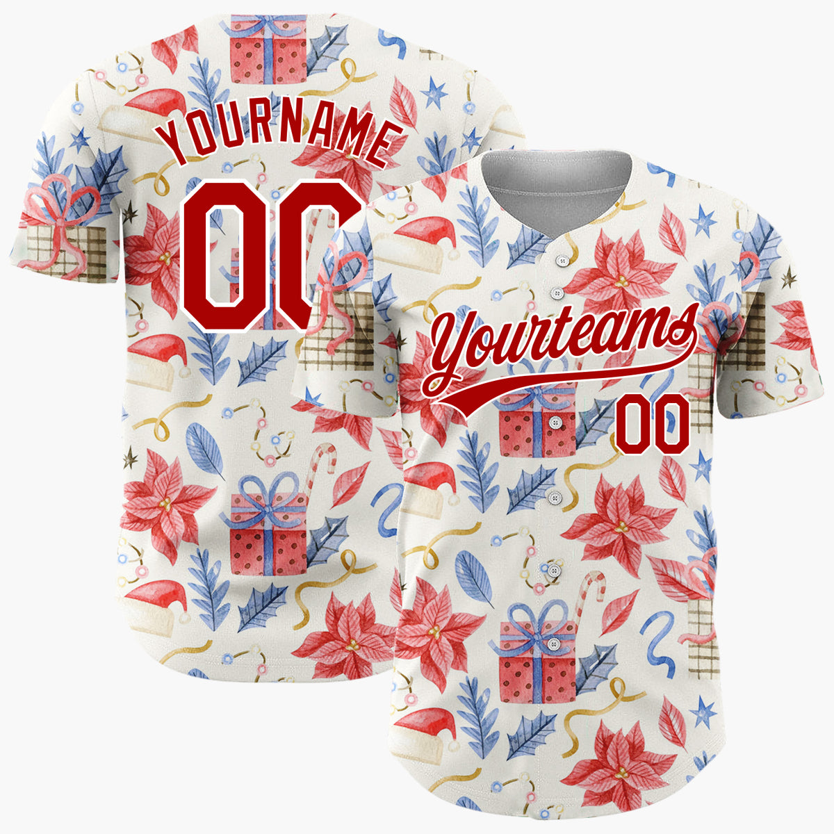 Custom Beige Red Blue Poinsettias Gifts And Hats Christmas Watercolor Pattern Christmas Baseball Jersey