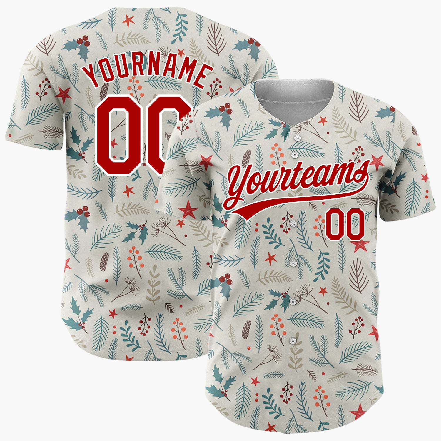 Custom Beige Holly Pine Berries Detailed Botanical Christmas Baseball Jersey