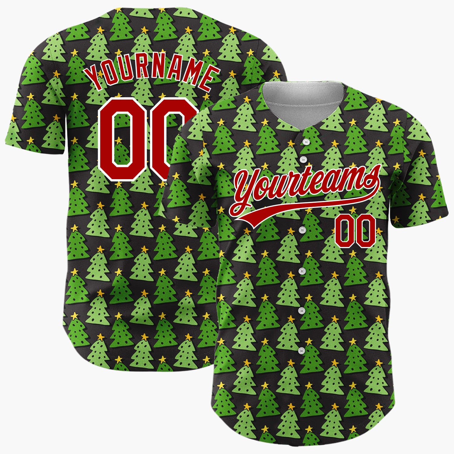 Custom Black Green Illustrated Christmas Trees Simple Pattern Christmas Baseball Jersey