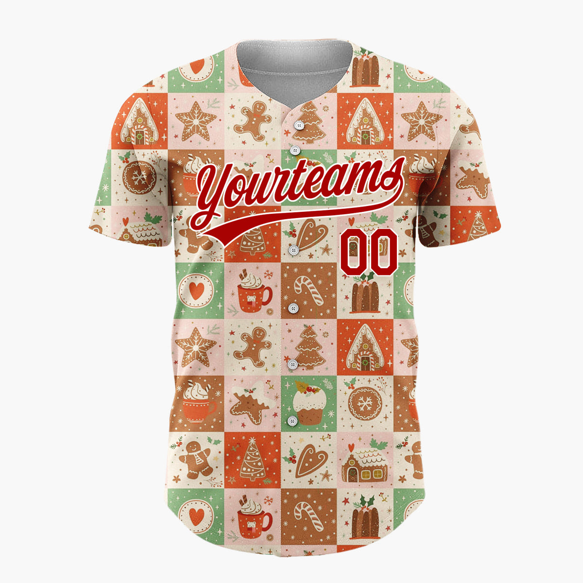Custom Beige Gingerbread Bear Tiles Cartoon Pattern Christmas Baseball Jersey