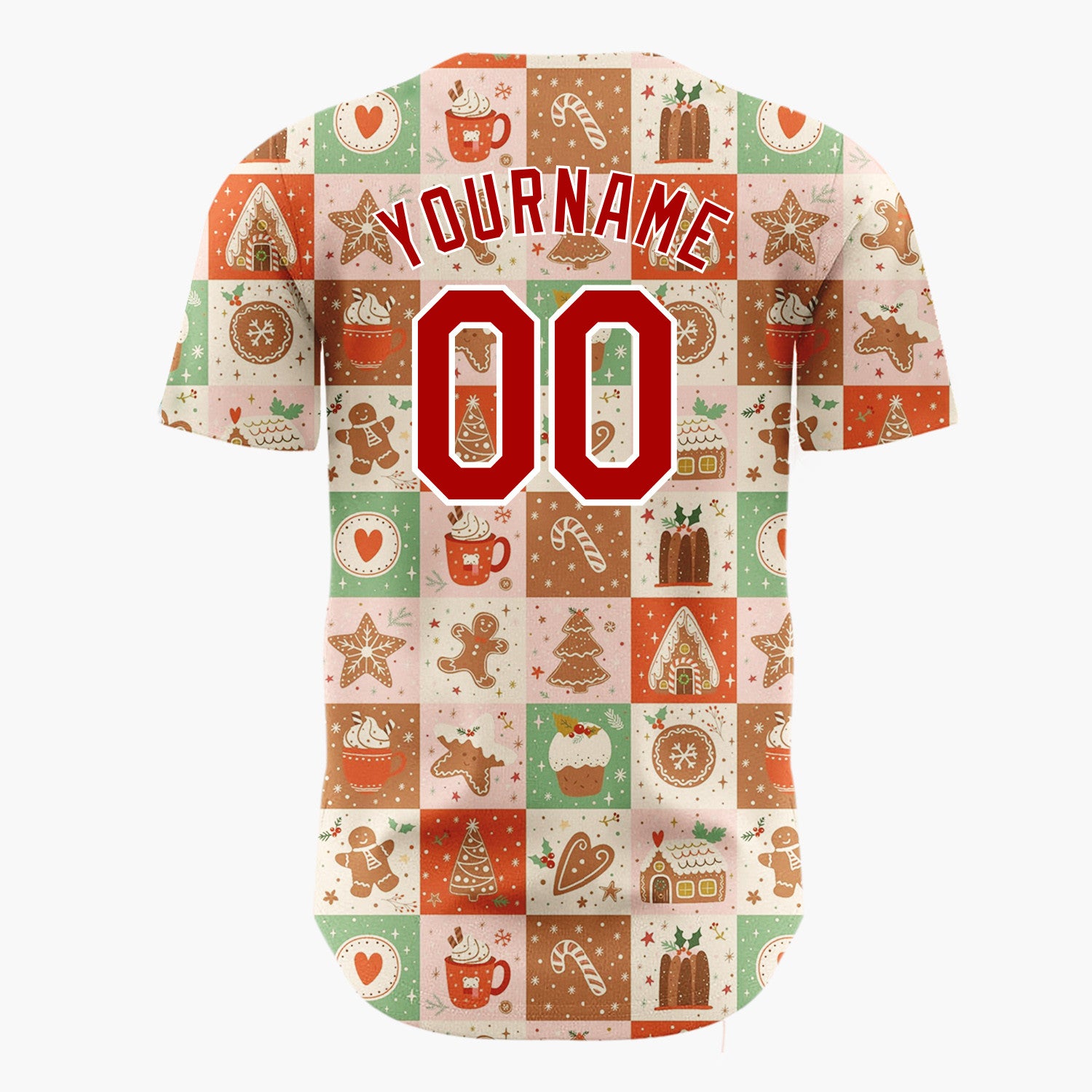 Custom Beige Gingerbread Bear Tiles Cartoon Pattern Christmas Baseball Jersey
