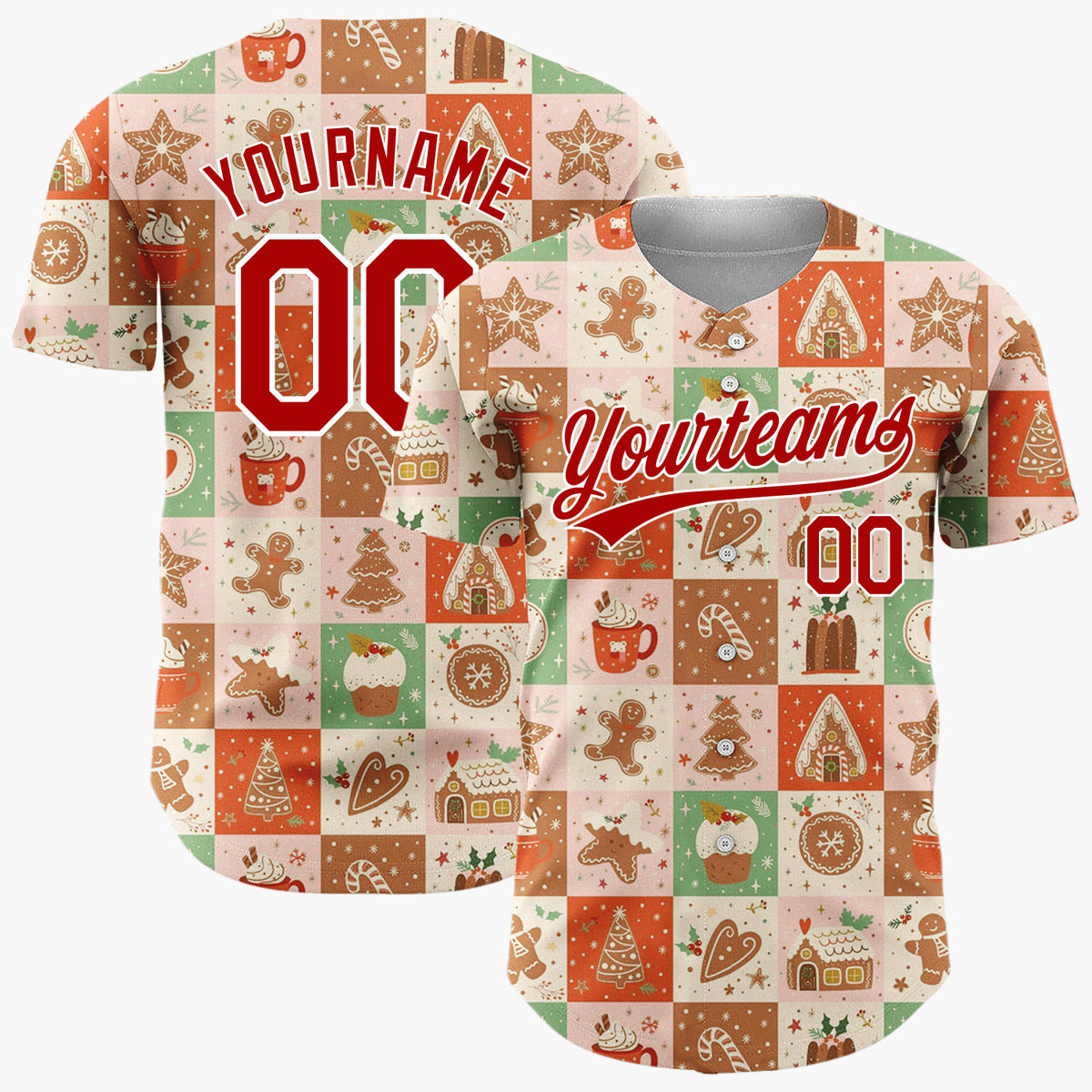Custom Beige Gingerbread Bear Tiles Cartoon Pattern Christmas Baseball Jersey