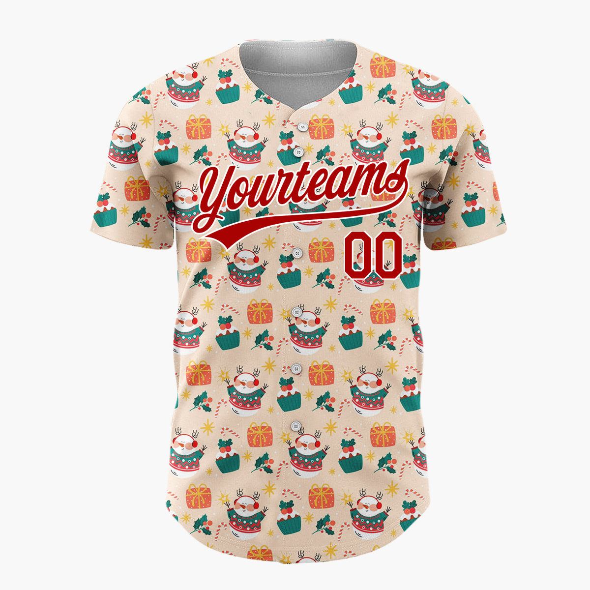 Custom Beige Santa Snowman Gift Boxes Cartoon Pattern Christmas Baseball Jersey