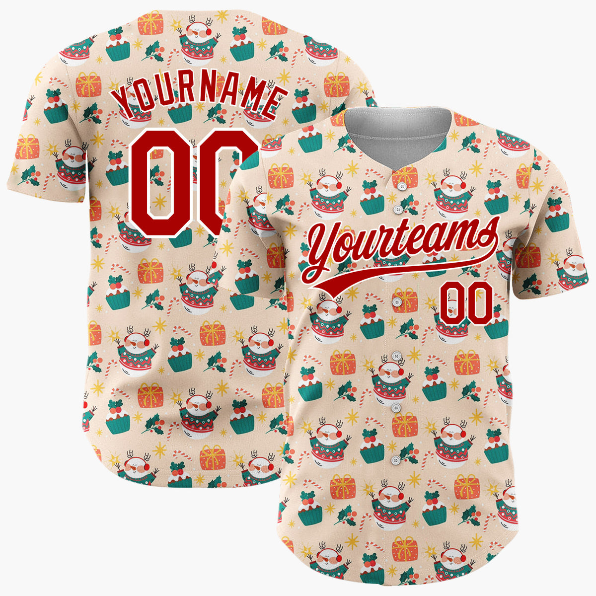 Custom Beige Santa Snowman Gift Boxes Cartoon Pattern Christmas Baseball Jersey