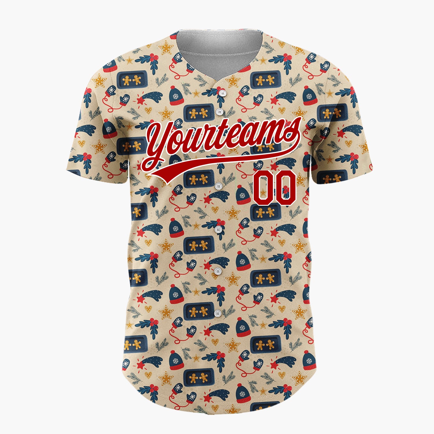 Custom Beige Christmas Gingerman Cozy Cartoon Pattern Christmas Baseball Jersey