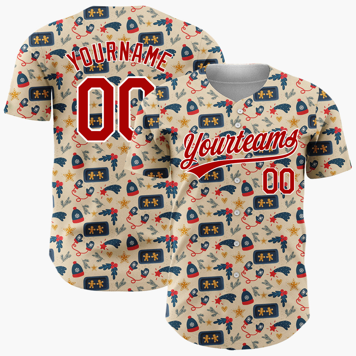 Custom Beige Christmas Gingerman Cozy Cartoon Pattern Christmas Baseball Jersey