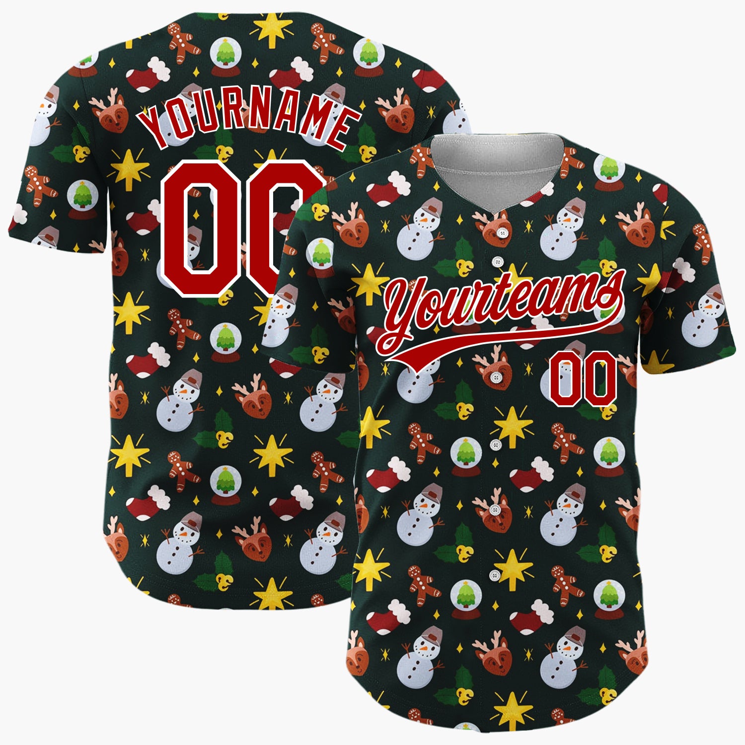 Custom Black Brown Yellow Snowmen Reindeer And Stars Cute Christmas Baseball Jersey