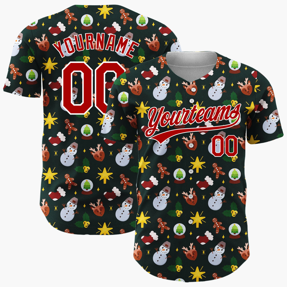 Custom Black Brown Yellow Snowmen Reindeer And Stars Cute Christmas Baseball Jersey