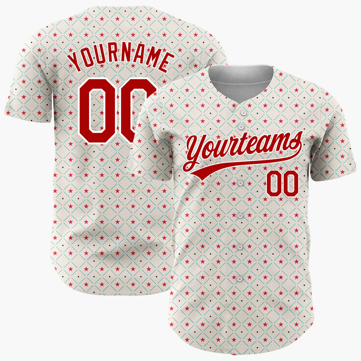 Custom Beige Red Green Stars And Dots Minimal Holiday Pattern Christmas Baseball Jersey