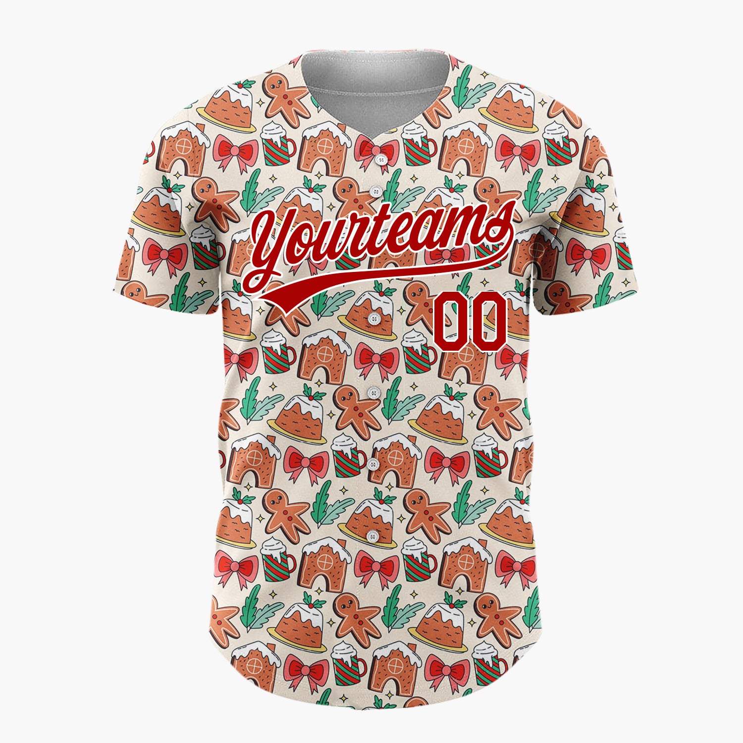 Custom Beige Brown Gingerbread Houses And Man Cute Christmas Baking Pattern Christmas Baseball Jersey