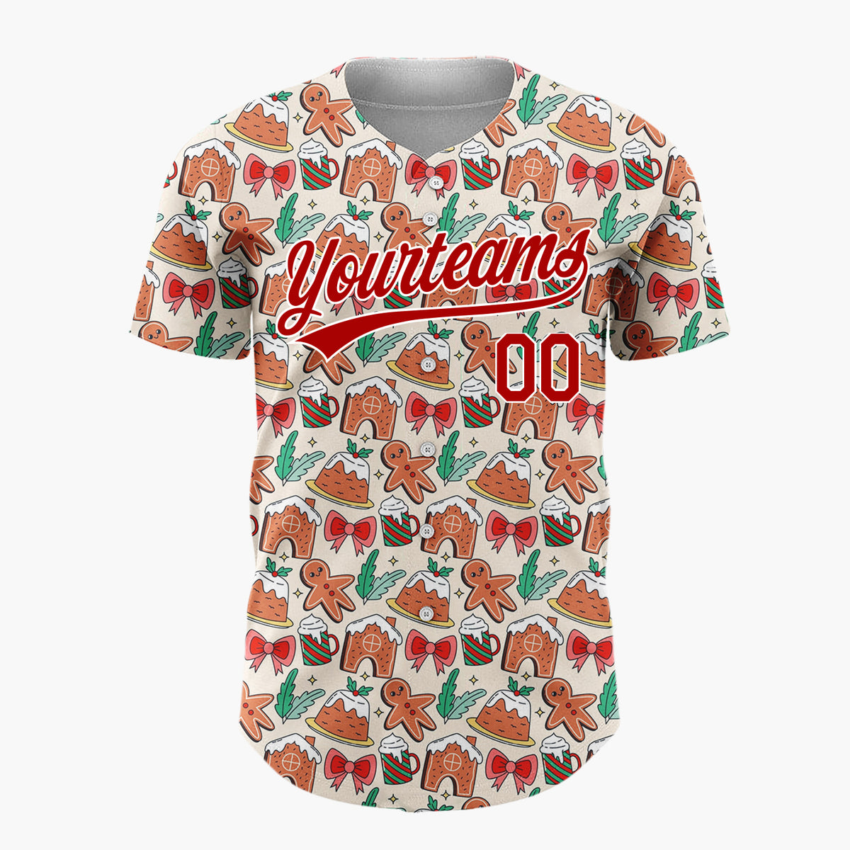 Custom Beige Brown Gingerbread Houses And Man Cute Christmas Baking Pattern Christmas Baseball Jersey
