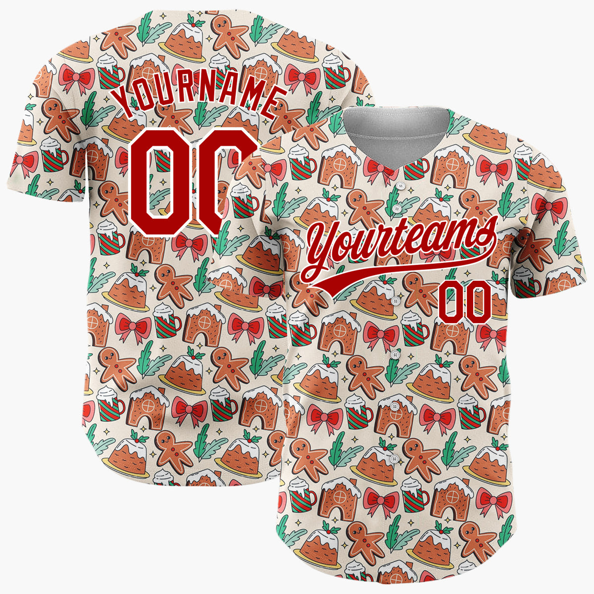 Custom Beige Brown Gingerbread Houses And Man Cute Christmas Baking Pattern Christmas Baseball Jersey