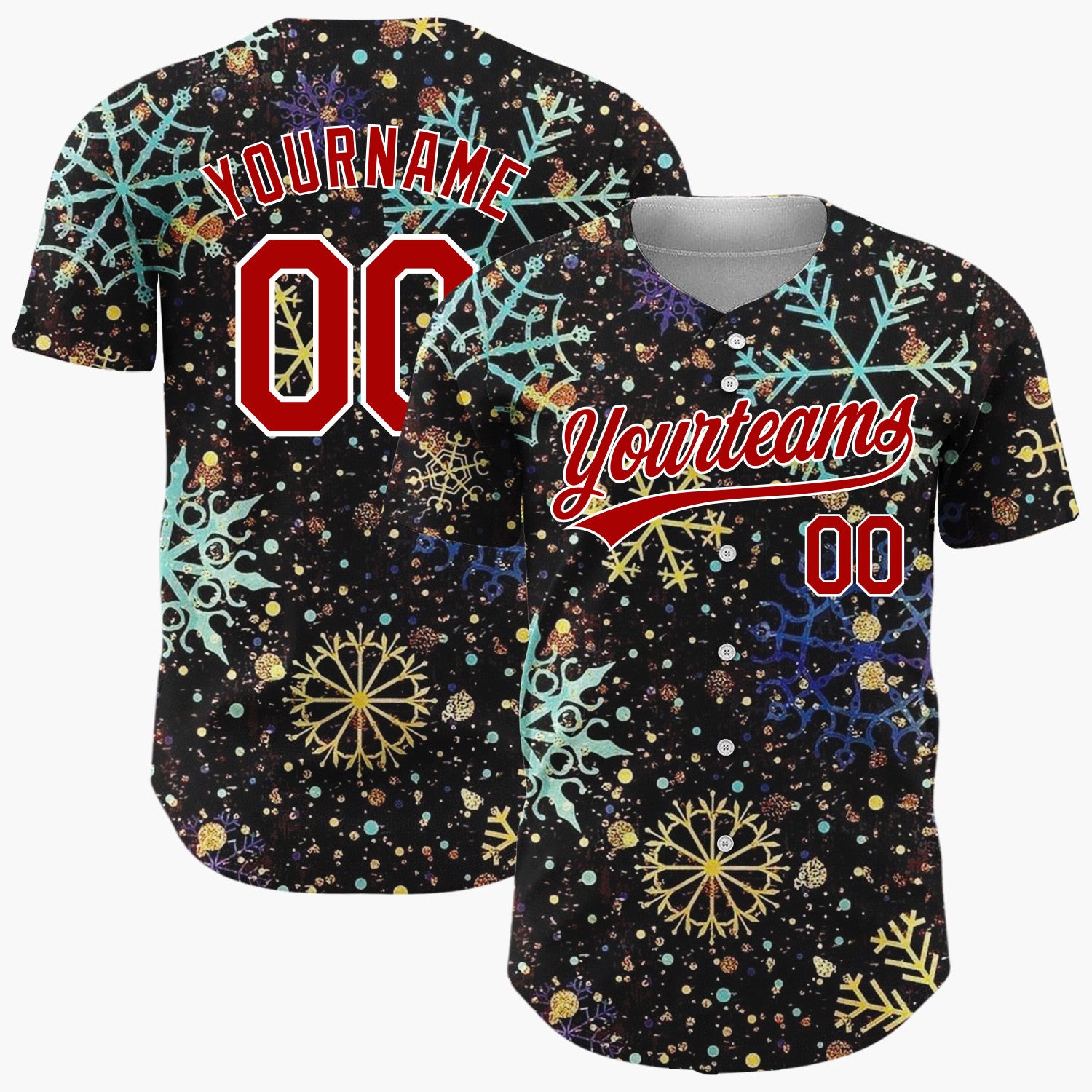 Custom Black Golden Snowflakes Sparkle Abstract Gradient Pattern Christmas Baseball Jersey