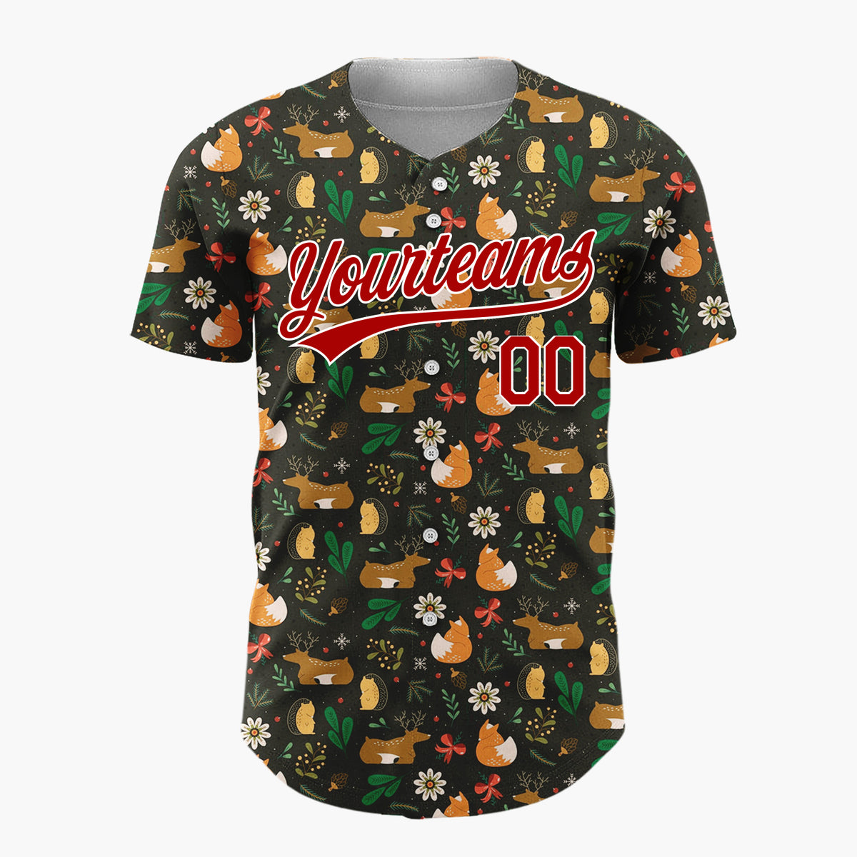 Custom Beige Reindeer Fox Woodland Cartoon Pattern Christmas Baseball Jersey