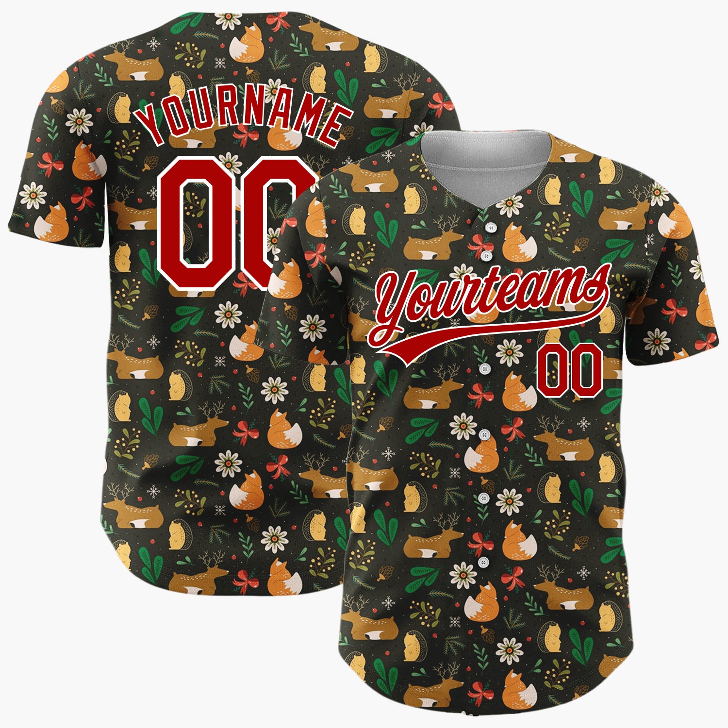 Custom Beige Reindeer Fox Woodland Cartoon Pattern Christmas Baseball Jersey