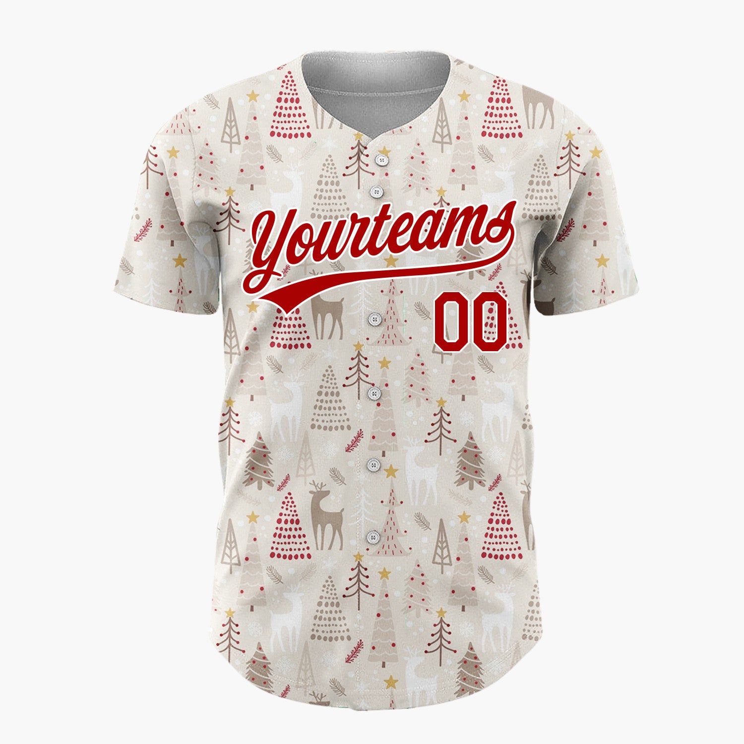 Custom Beige Christmas Trees Reindeer Cartoon Pattern Christmas Baseball Jersey