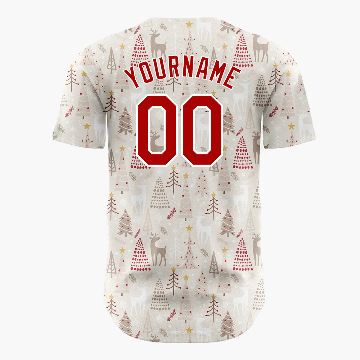 Custom Beige Christmas Trees Reindeer Cartoon Pattern Christmas Baseball Jersey