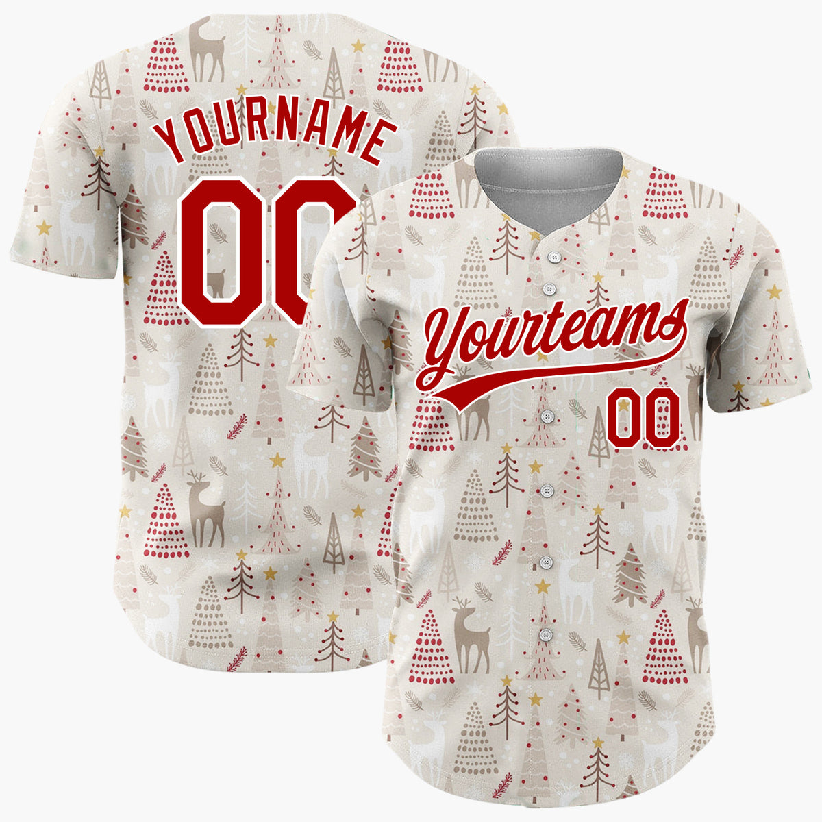 Custom Beige Christmas Trees Reindeer Cartoon Pattern Christmas Baseball Jersey