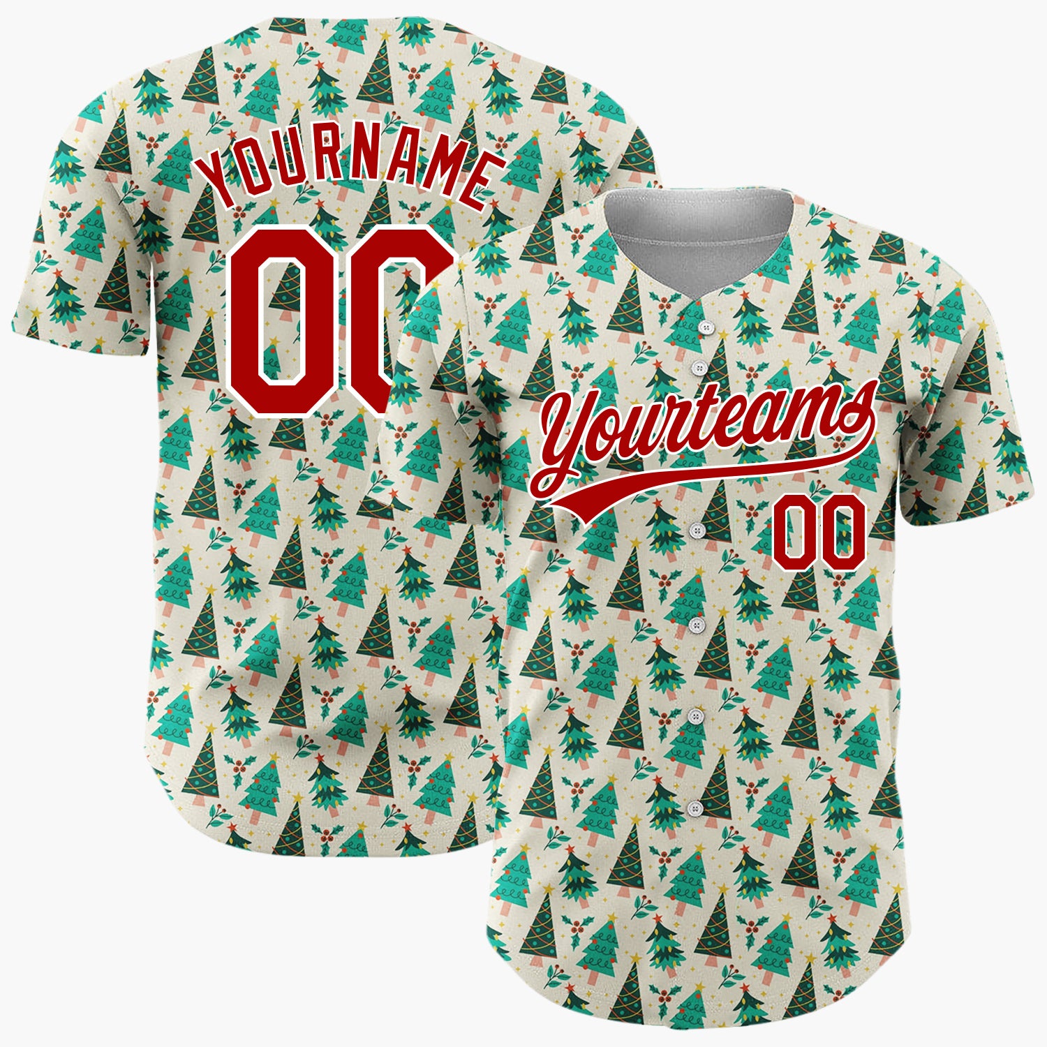 Custom Beige Christmas Trees Doodles Cartoon Pattern Christmas Baseball Jersey