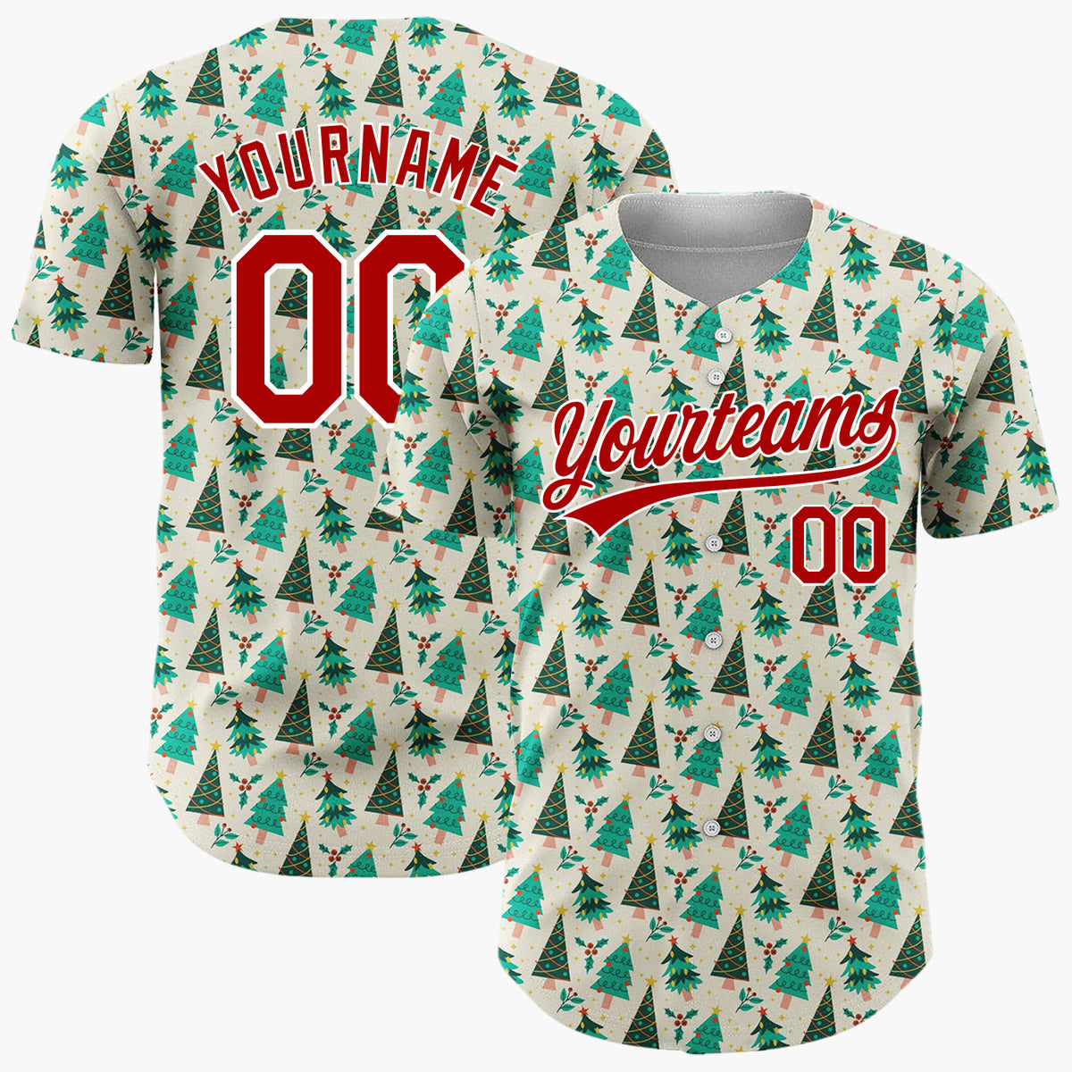 Custom Beige Christmas Trees Doodles Cartoon Pattern Christmas Baseball Jersey