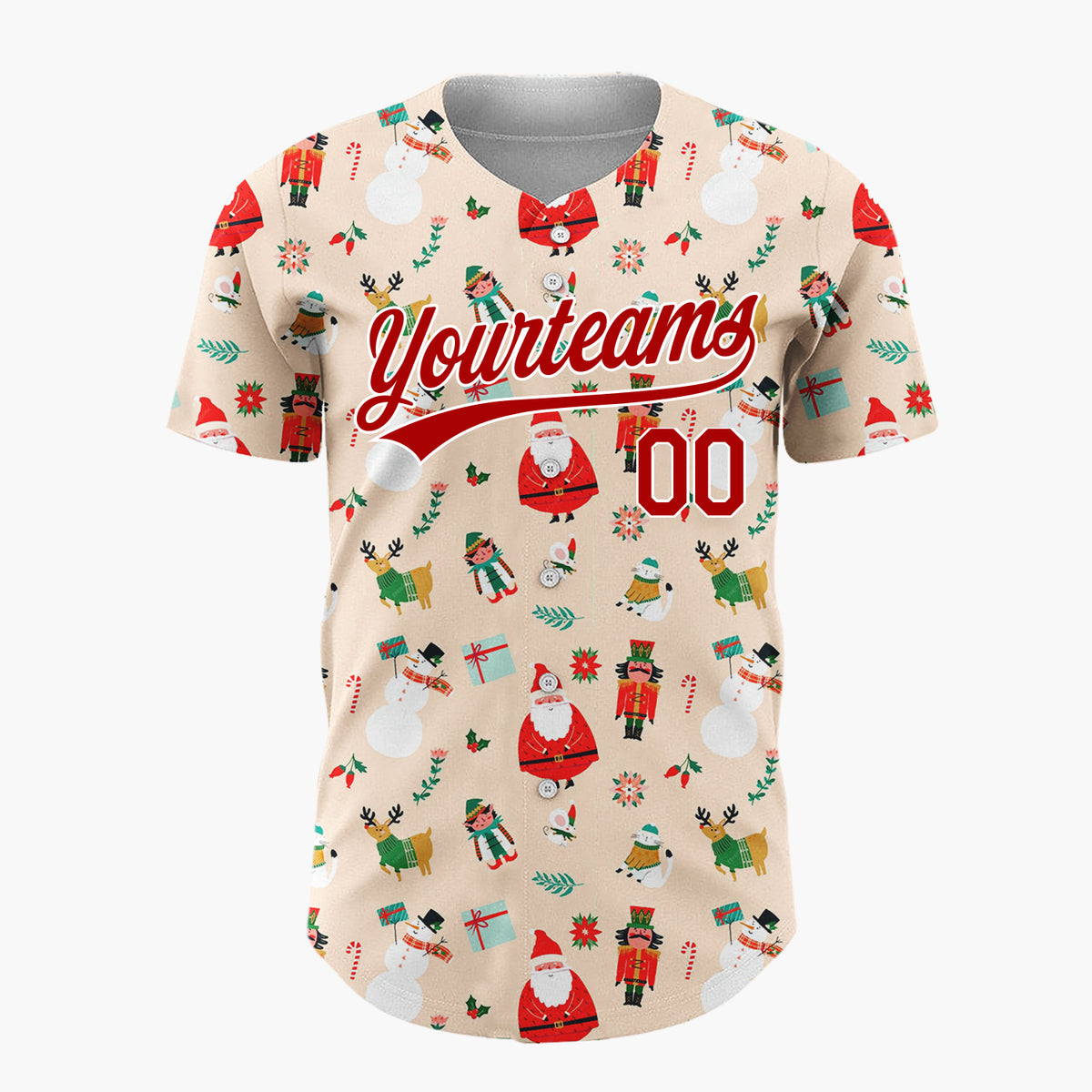 Custom Beige Santa Elf Whimsical Faces Cartoon Pattern Christmas Baseball Jersey
