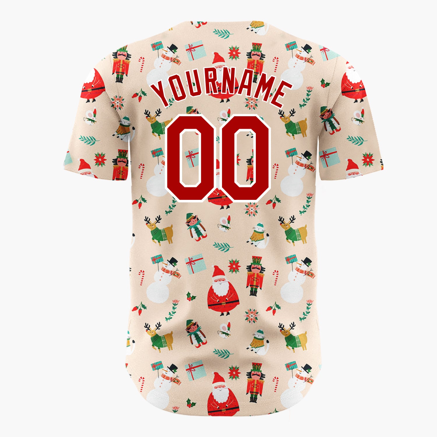 Custom Beige Santa Elf Whimsical Faces Cartoon Pattern Christmas Baseball Jersey