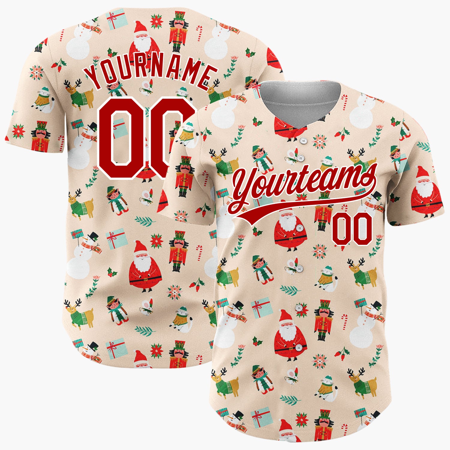Custom Beige Santa Elf Whimsical Faces Cartoon Pattern Christmas Baseball Jersey