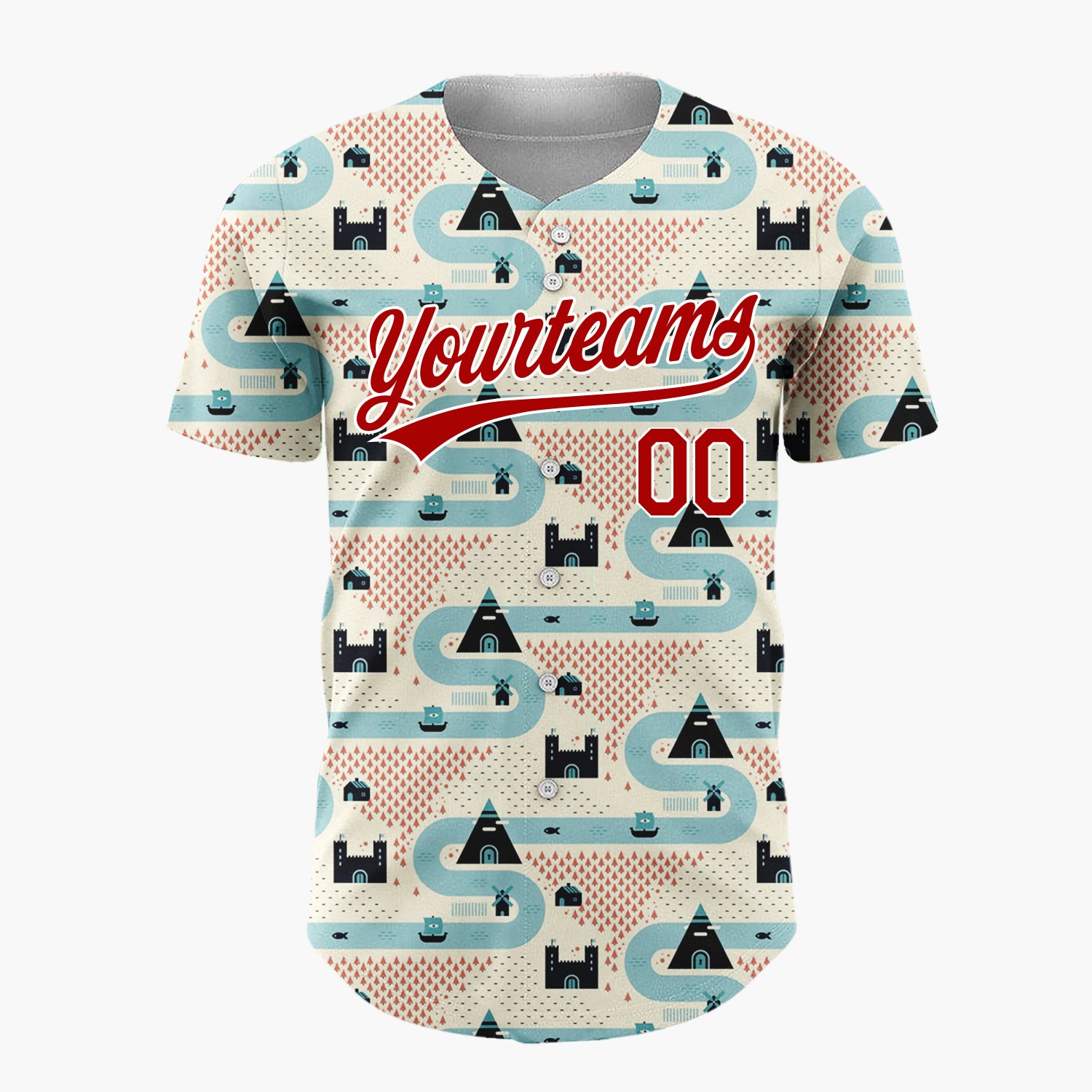 Custom Beige Blue Castles Mountains And Rivers Retro Geometric Pattern Christmas Baseball Jersey