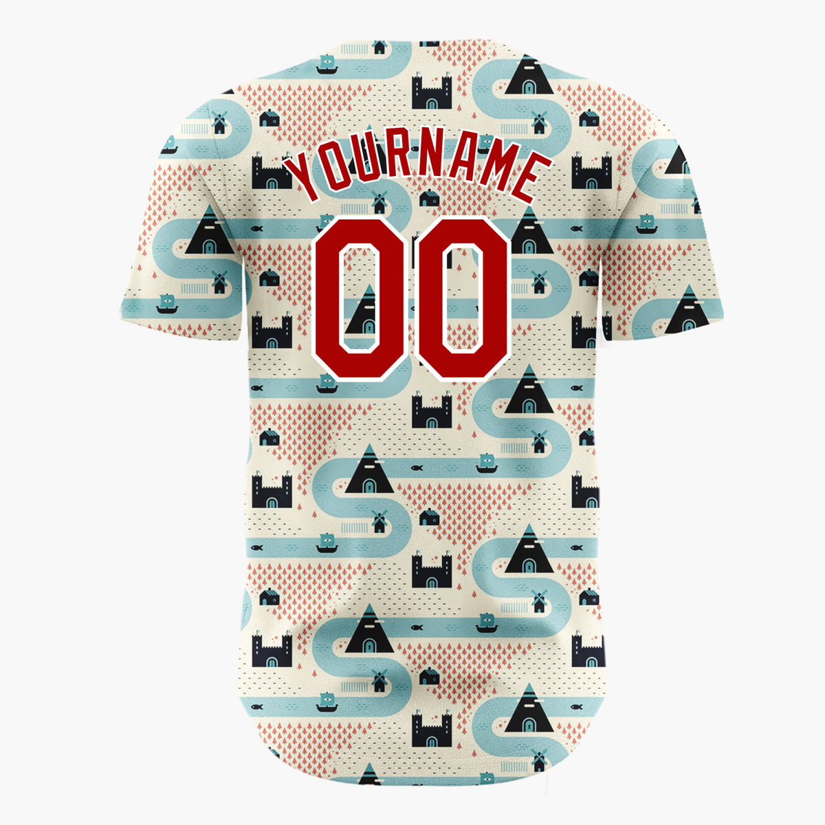 Custom Beige Blue Castles Mountains And Rivers Retro Geometric Pattern Christmas Baseball Jersey