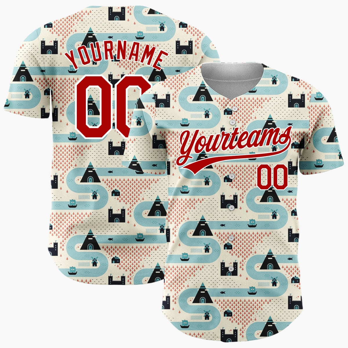 Custom Beige Blue Castles Mountains And Rivers Retro Geometric Pattern Christmas Baseball Jersey