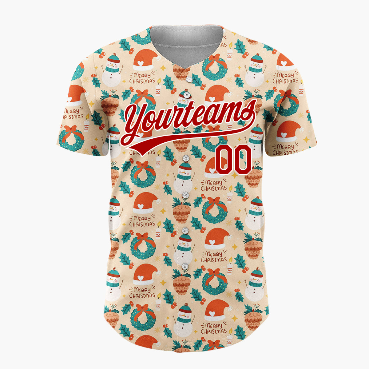 Custom Beige Christmas Baubles Holiday Cheer Cartoon Pattern Christmas Baseball Jersey
