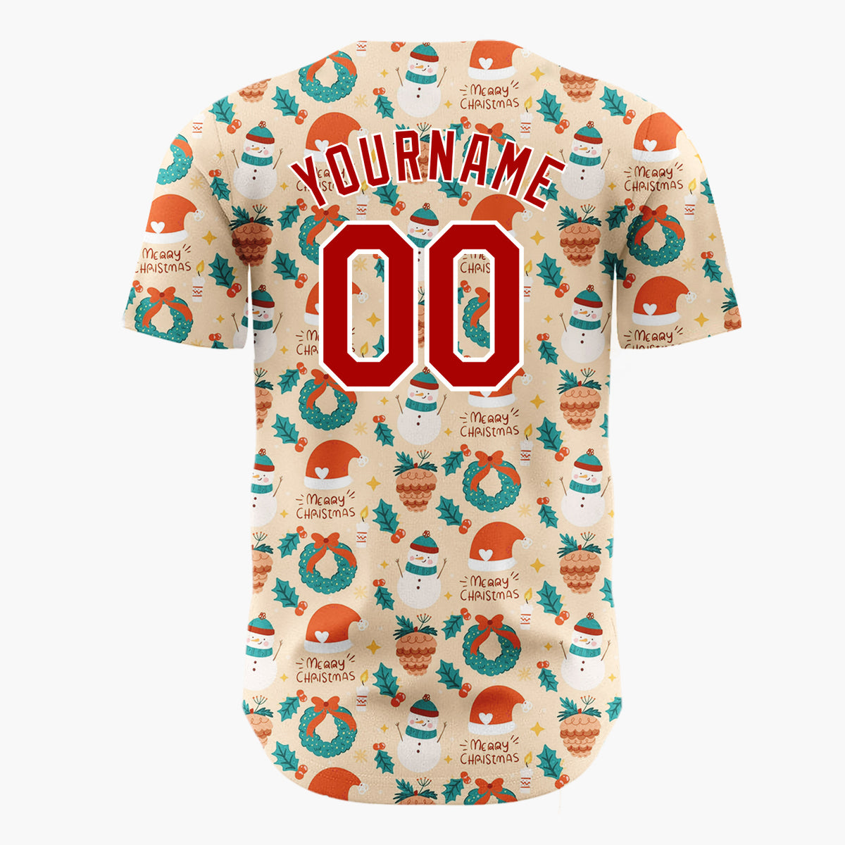 Custom Beige Christmas Baubles Holiday Cheer Cartoon Pattern Christmas Baseball Jersey