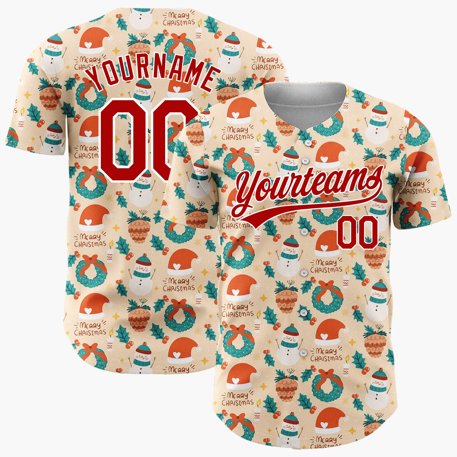 Custom Beige Christmas Baubles Holiday Cheer Cartoon Pattern Christmas Baseball Jersey