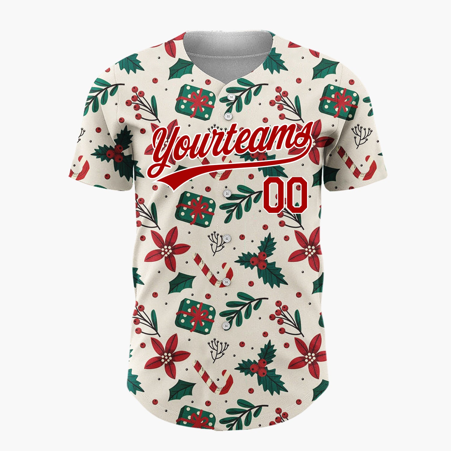 Custom Beige Christmas Gifts Holly Cartoon Pattern Christmas Baseball Jersey