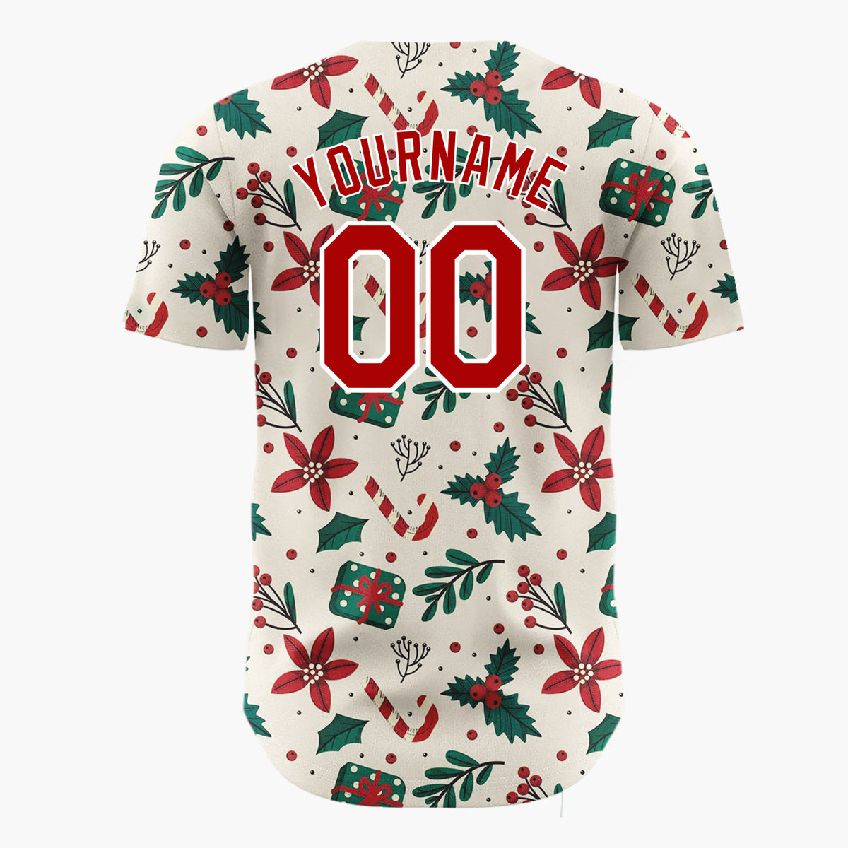 Custom Beige Christmas Gifts Holly Cartoon Pattern Christmas Baseball Jersey
