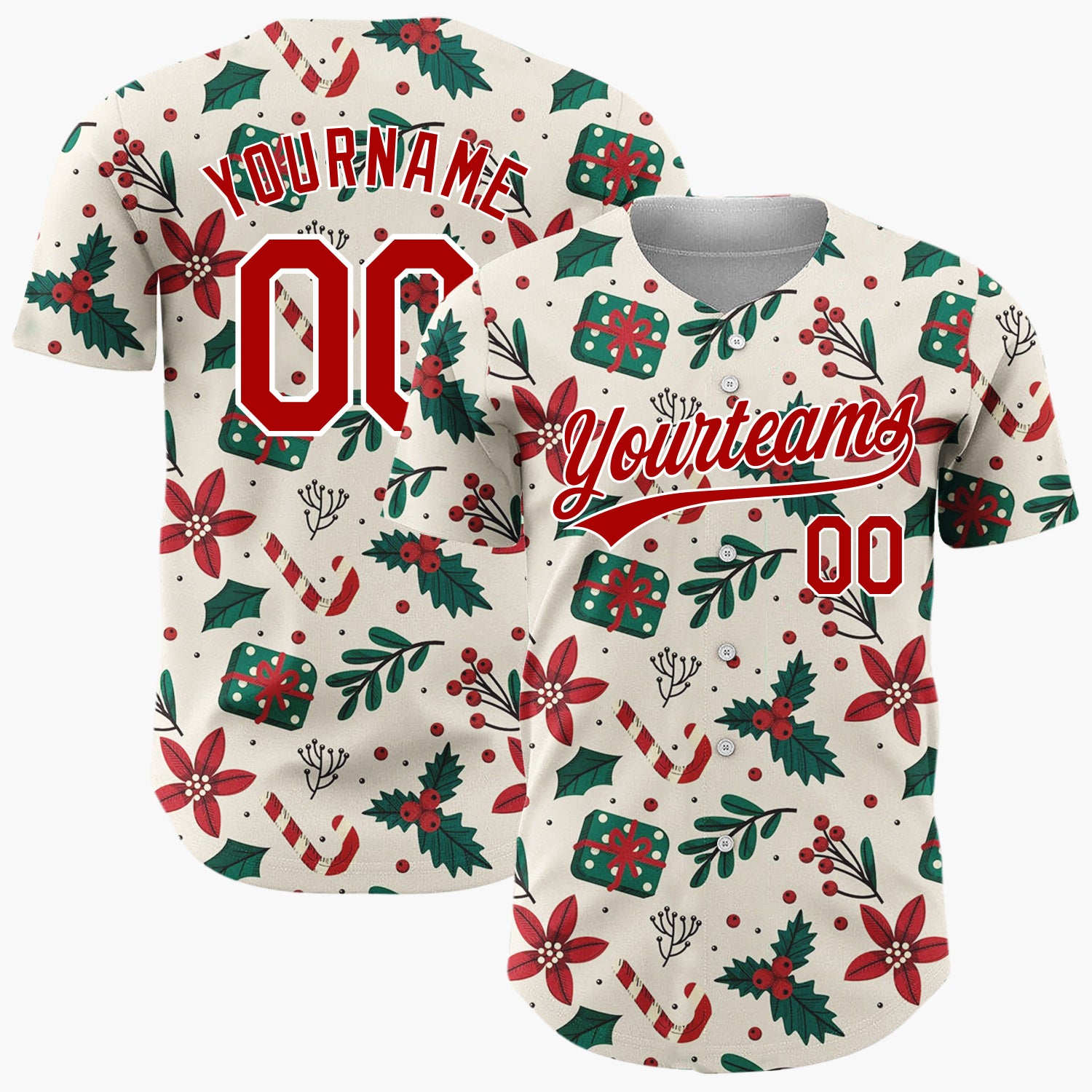 Custom Beige Christmas Gifts Holly Cartoon Pattern Christmas Baseball Jersey