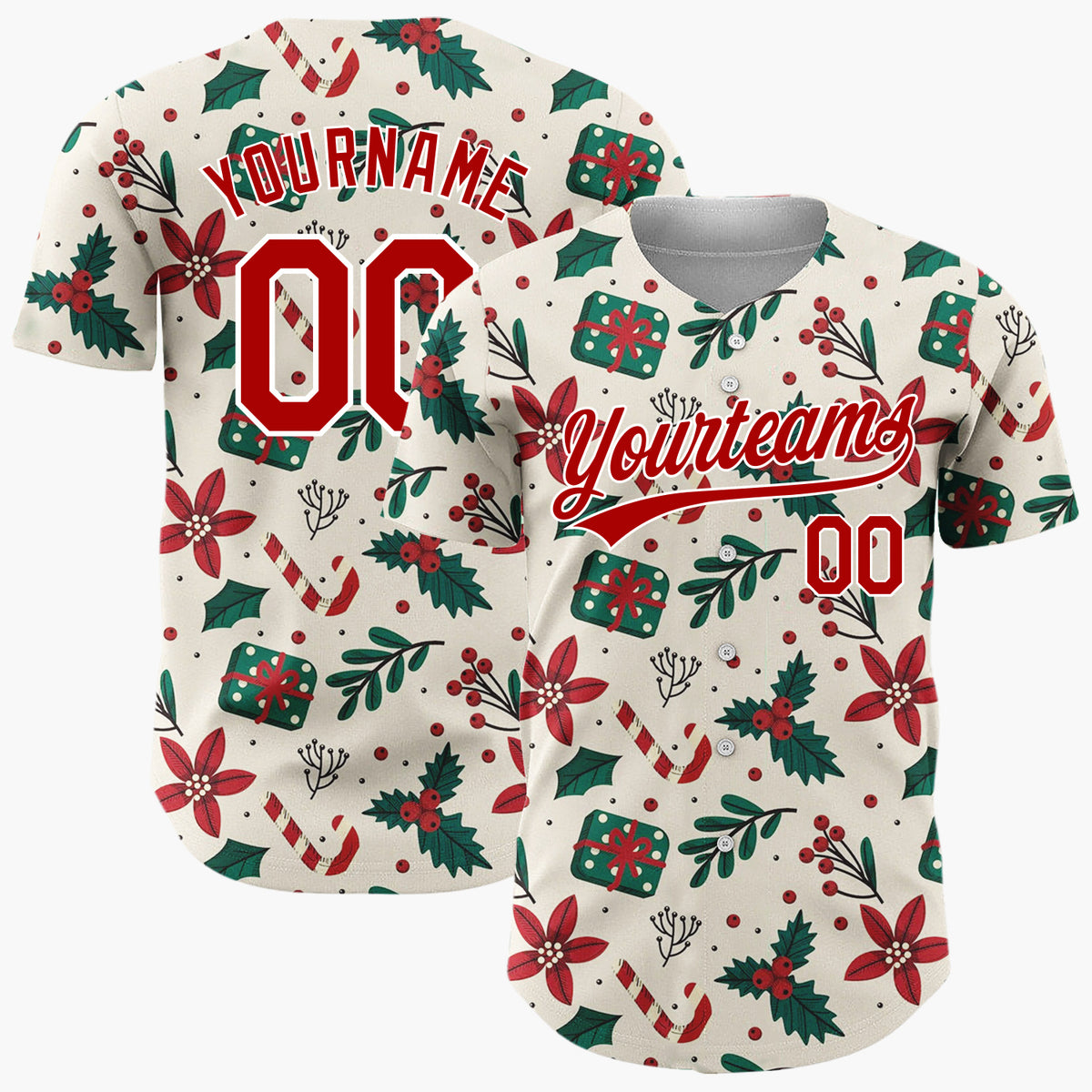Custom Beige Christmas Gifts Holly Cartoon Pattern Christmas Baseball Jersey